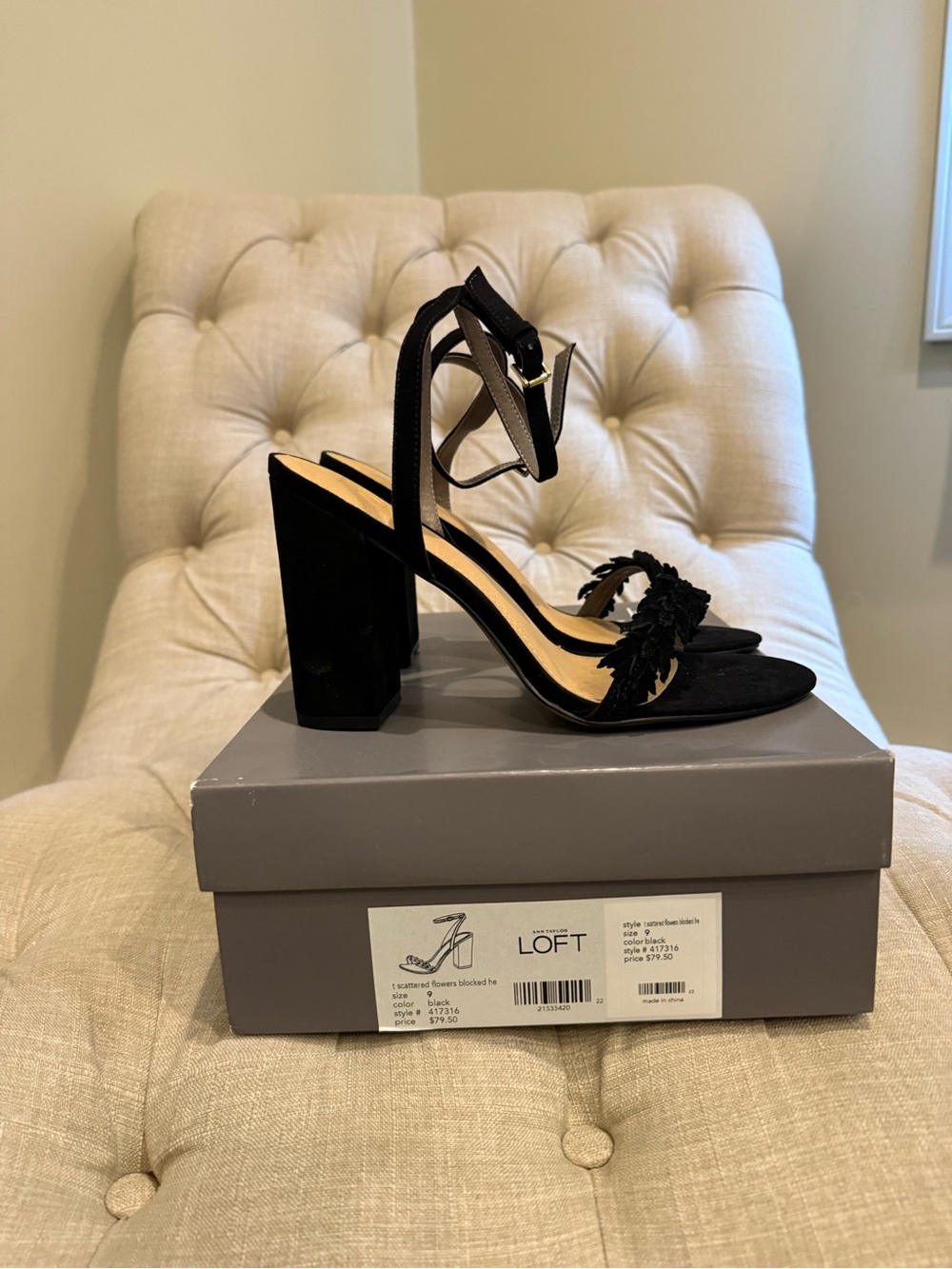 LOFT Black Suede Block-Heel Ankle-Strap Sandals